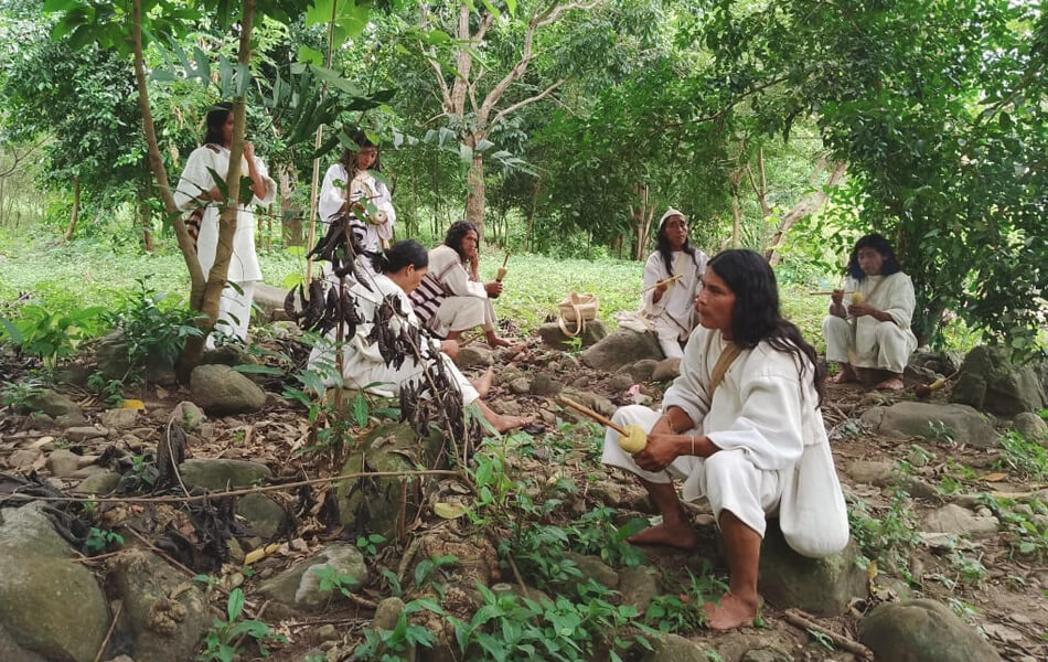 Seven members of the indigenous South American Kogi community sitting and standing in the forest of the Sierra Nevada de Santa Marta mountain range in Colombia