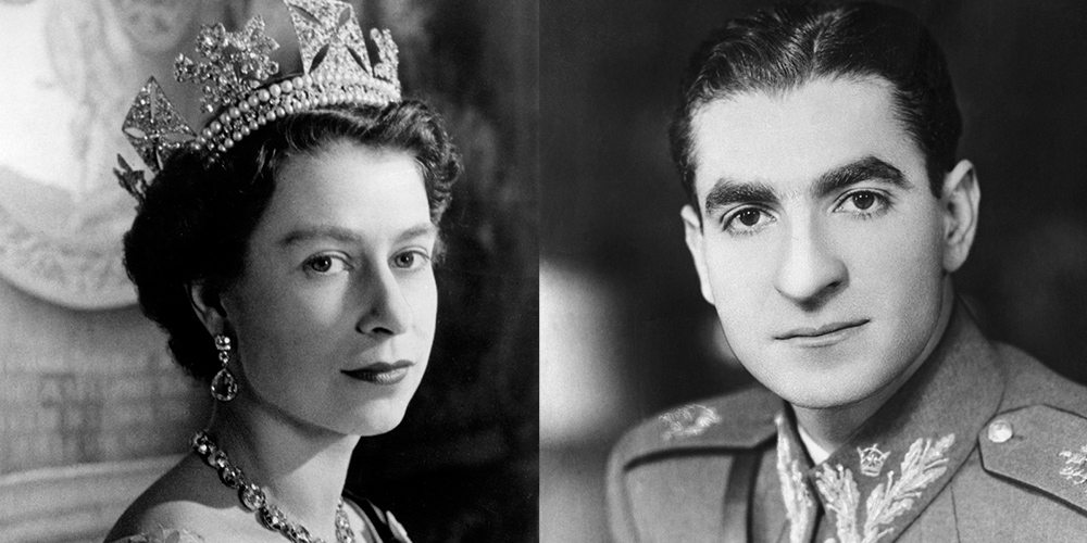 Black and white portrait shots of Queen Elizabeth II and Shah of Iran in the early 1950s (documentary The Queen and the Coup).