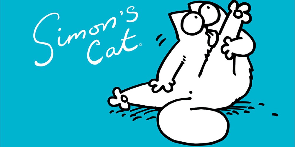 Cartoon drawing of a cat licking its leg next to writing which reads 'Simon's Cat'.
