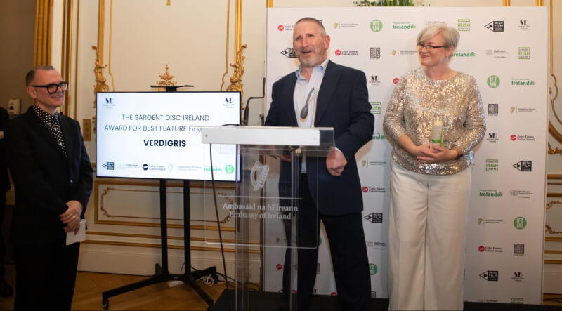 Paul FitzSimons and Patricia Kelly receiving an award for Verdigris at the Irish Film Festival London