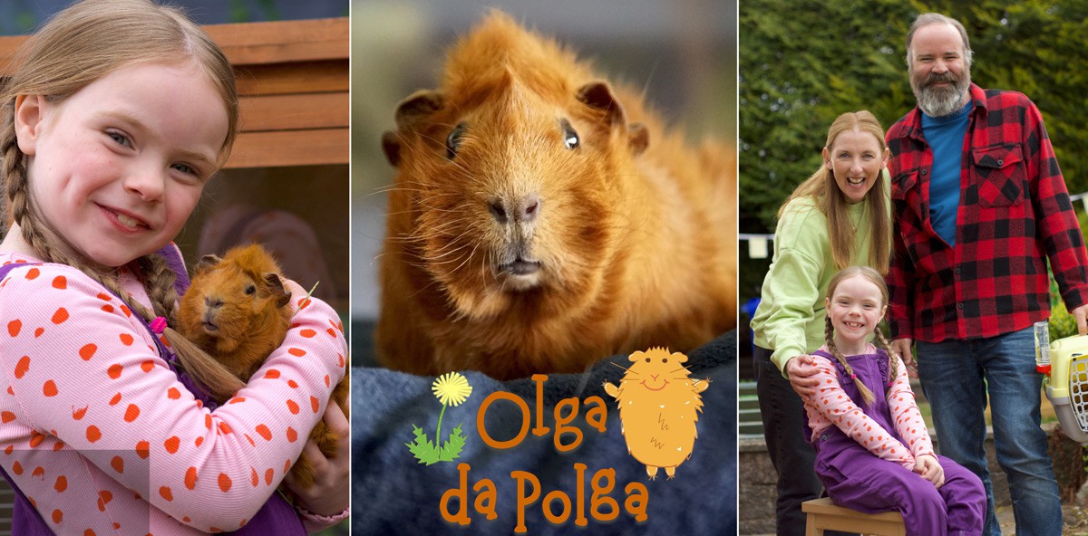A collation of three images each from the Olga da Polga TV series including a guinea pig and cast members